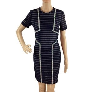 Yigal Azrouël Sheer Striped Bodycon Dress with Floral Trim Navy 2